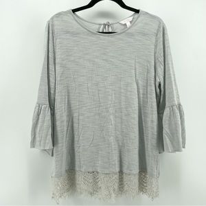 LC Lauren Conrad Light Gray Lace Bell Sleeve Blouse L